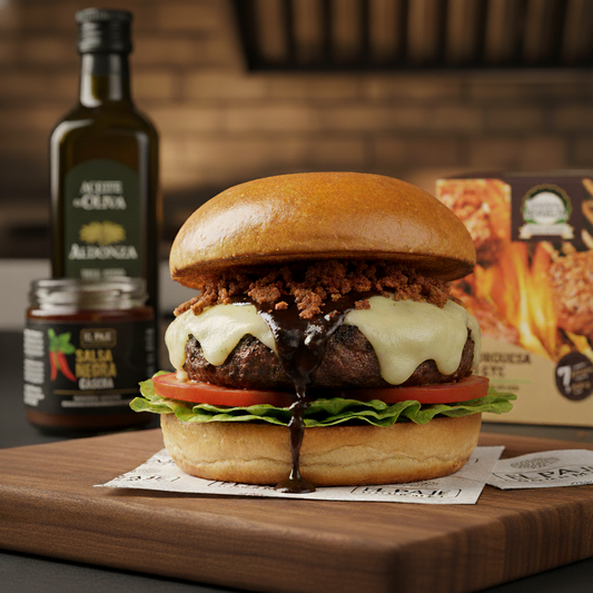 Hamburguesa 100% Rib Eye con queso asadero y salsa negra