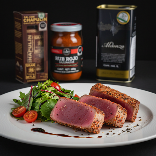 Atún sellado con costra de chapulín y rub rojo, ensalada balsámic