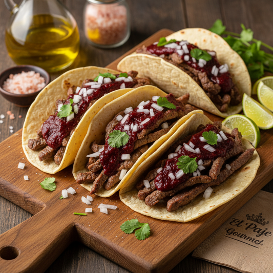 Tacos de arrachera al pastor con salsa de jamaica, coco y chile manzano