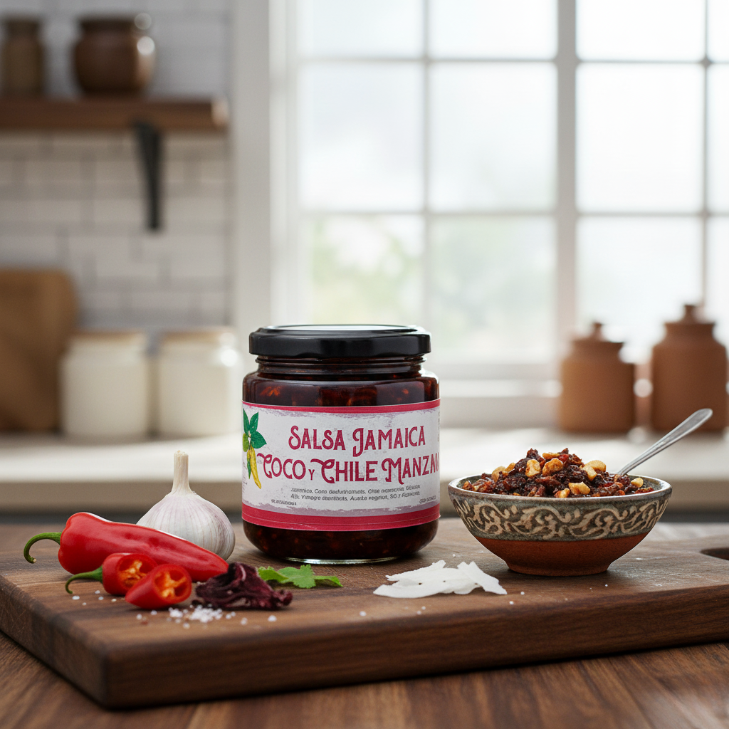 SALSA CASERA JAMAICA, COCO Y CHILE MANZANO 220 GR